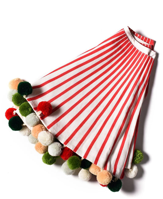 Colors Red Stripe Tree Skirt With Pom Poms